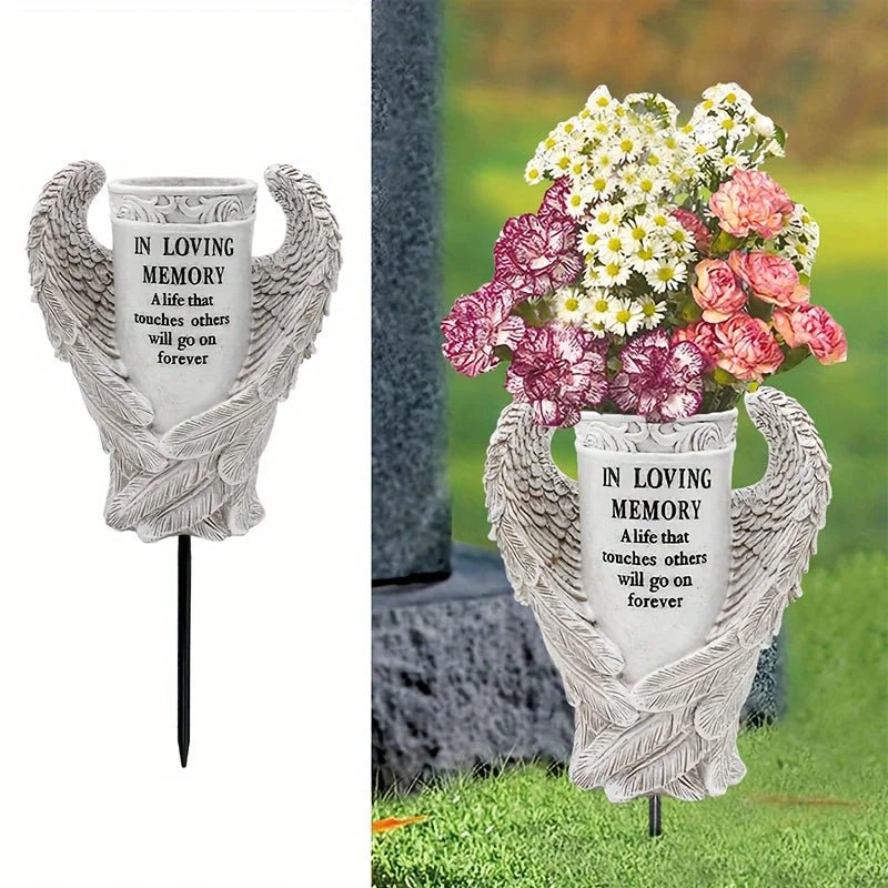 Tomb Vase, a waterproof garden statue with spiked angel wings - Pettributemarkers - 